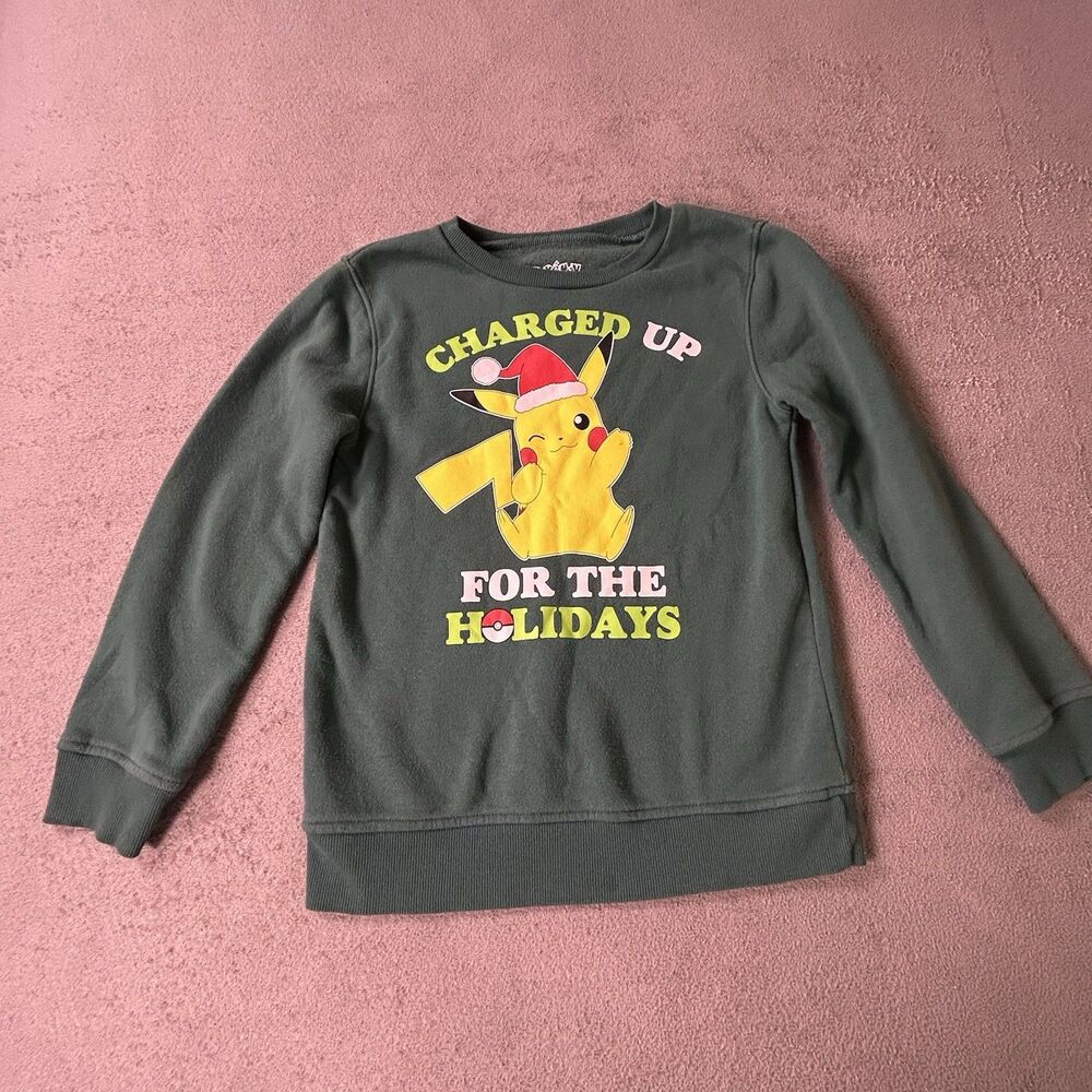Pokémon Sweatshirt Boys Medium Green Pikachu Holiday Christmas Sweater Crew Neck